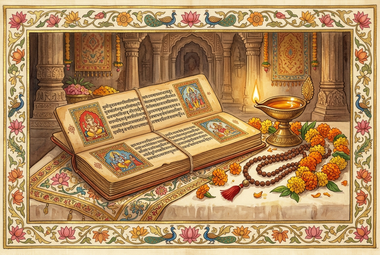 Palm-leaf manuscript with diya